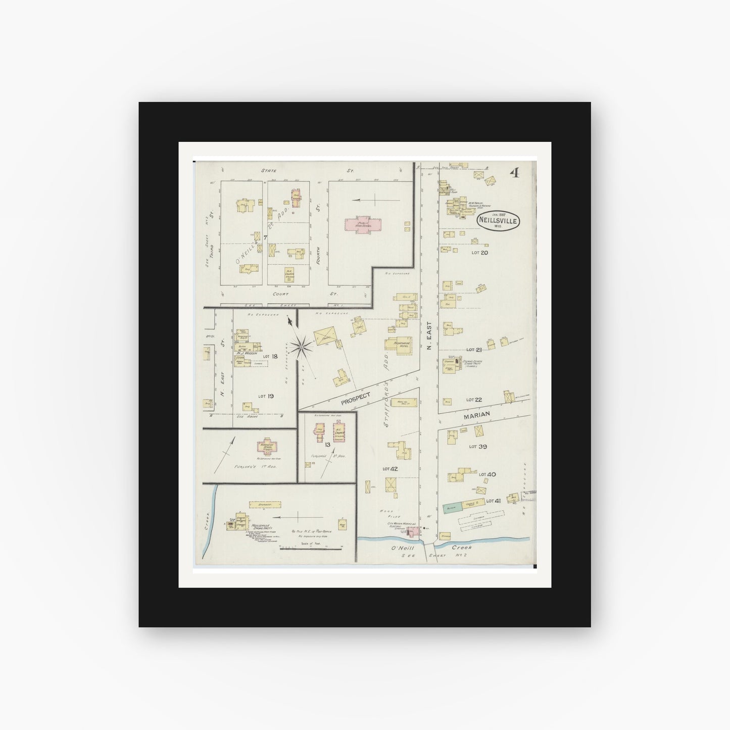 Old map wall art mockup — black gallery frame with white mat — Sanborn Fire Insurance Map from Neillsville, Clark County, Wisconsin (1887), Sheet #0004