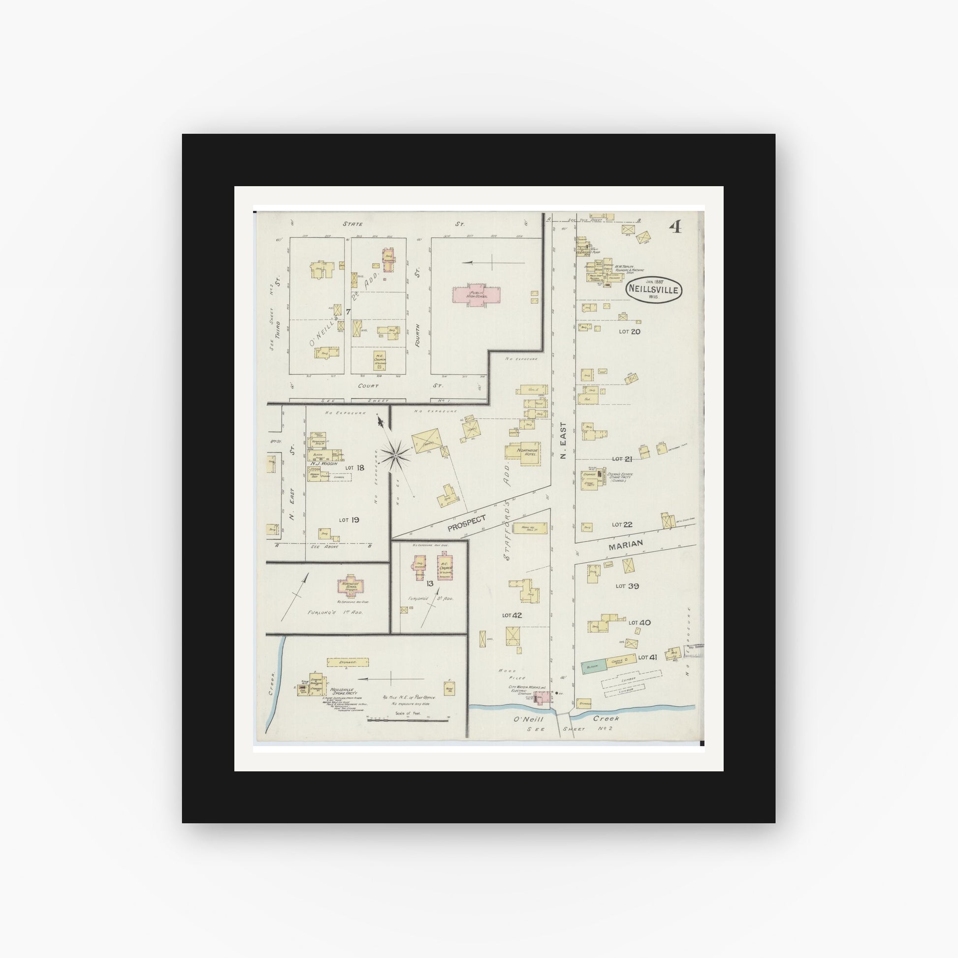 Old map wall art mockup — black gallery frame with white mat — Sanborn Fire Insurance Map from Neillsville, Clark County, Wisconsin (1887), Sheet #0004