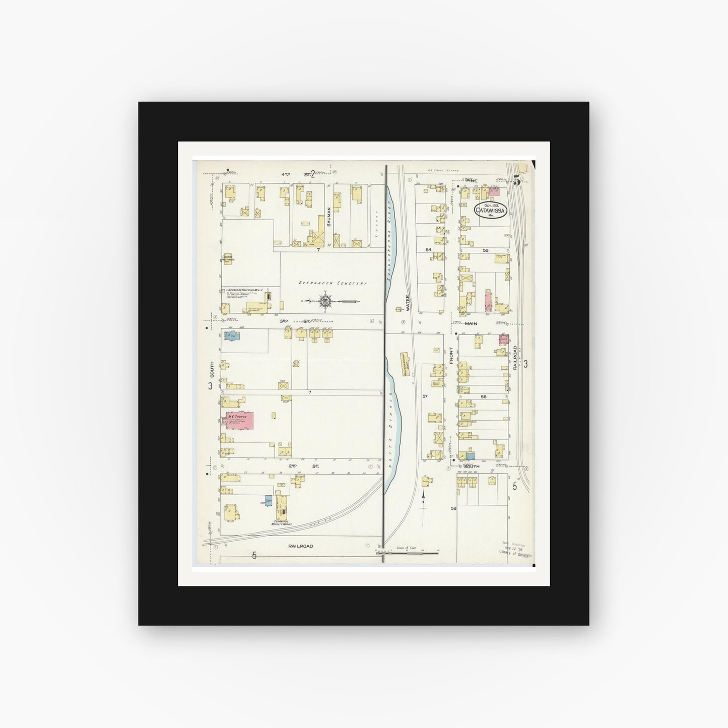 Old map wall art mockup — black gallery frame with white mat — Sanborn Fire Insurance Map from Catawissa, Columbia County, Pennsylvania (1913), Sheet #0005