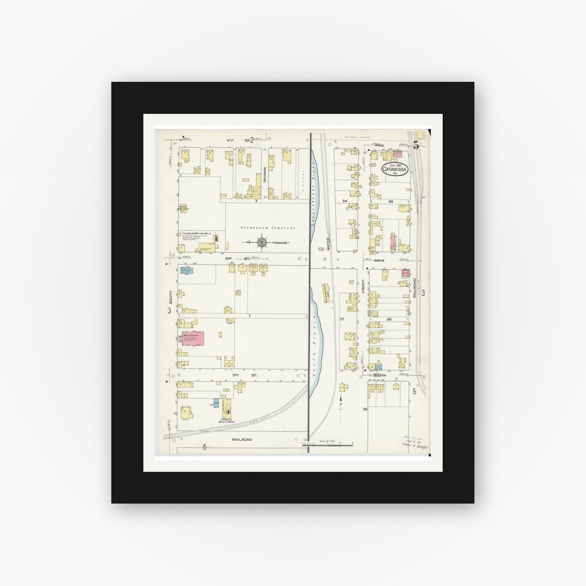 Old map wall art mockup — black gallery frame with white mat — Sanborn Fire Insurance Map from Catawissa, Columbia County, Pennsylvania (1913), Sheet #0005