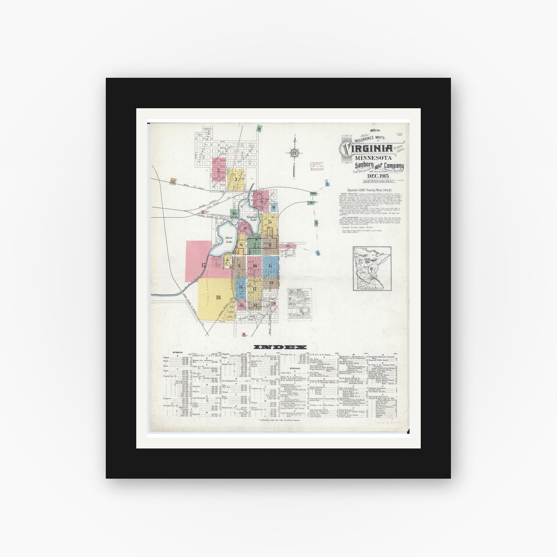 Old map wall art mockup — black gallery frame with white mat — Sanborn Fire Insurance Map from Virginia, Saint Louis County, Minnesota (1915) - Complete Map Set