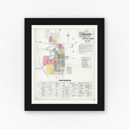 Old map wall art mockup — black gallery frame with white mat — Sanborn Fire Insurance Map from Virginia, Saint Louis County, Minnesota (1915) - Complete Map Set