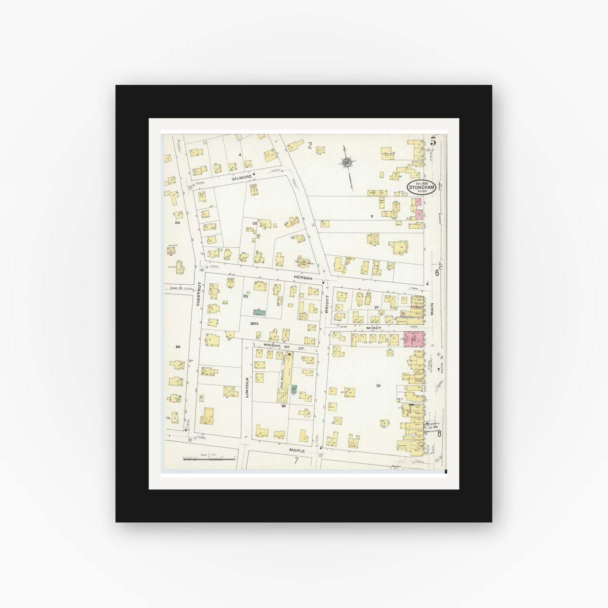 Old map wall art mockup — black gallery frame with white mat — Sanborn Fire Insurance Map from Stoneham, Middlesex County, Massachusetts (1909), Sheet #0005