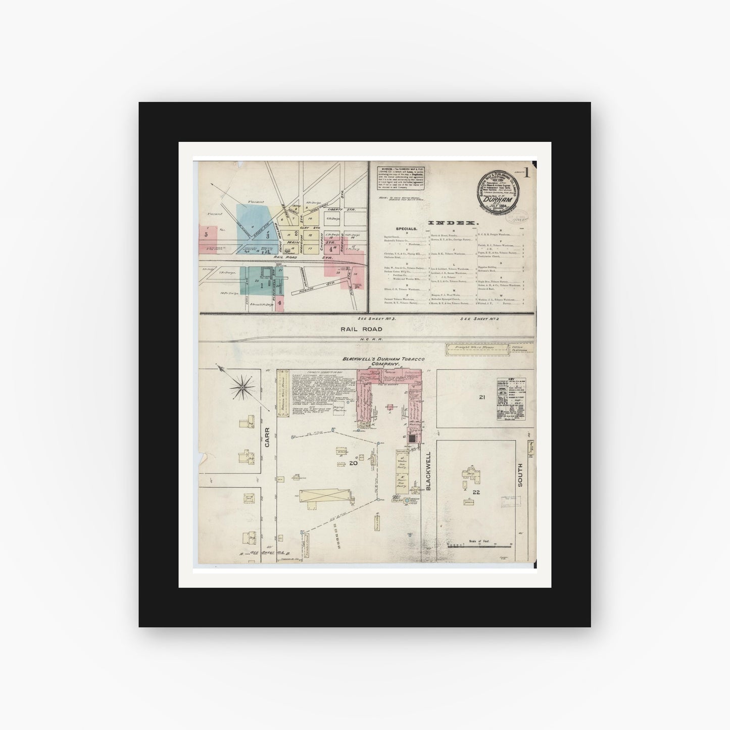 Old map wall art mockup — black gallery frame with white mat — Sanborn Fire Insurance Map from Durham, Durham County, North Carolina (1884) - Complete Map Set