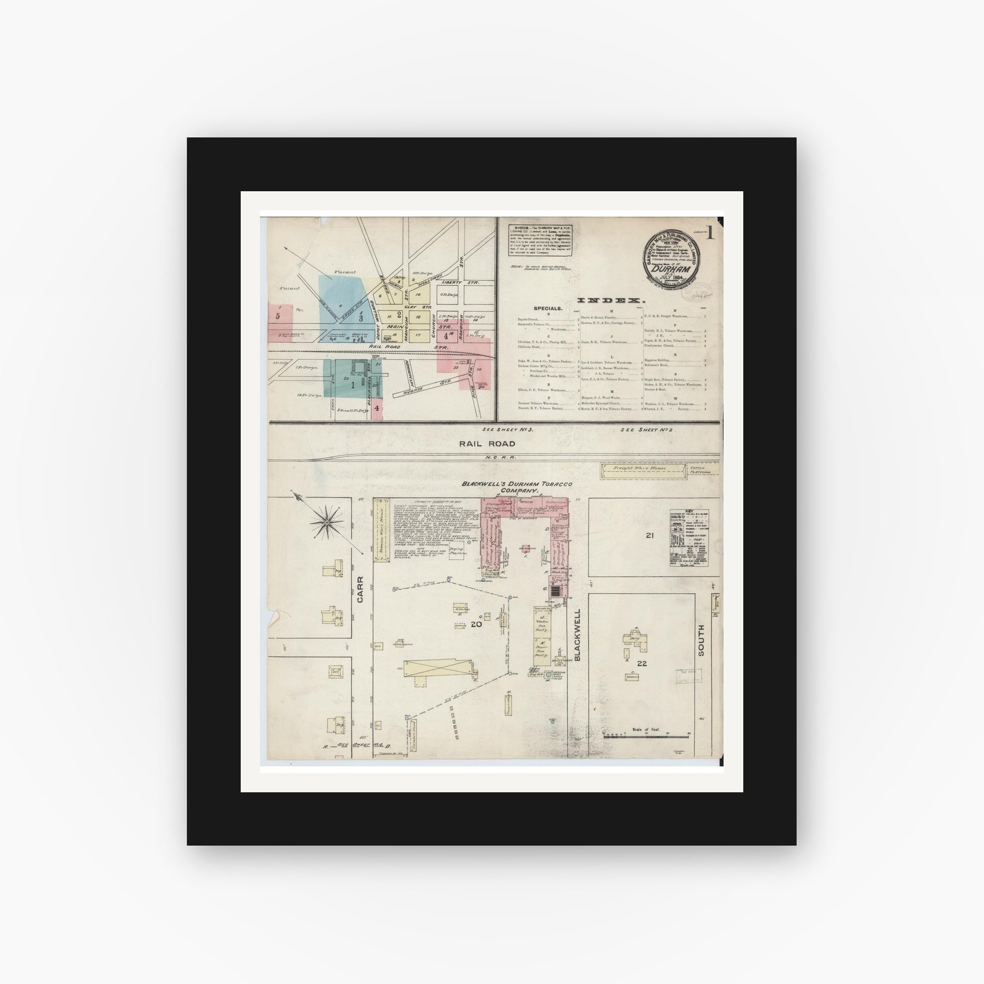 Old map wall art mockup — black gallery frame with white mat — Sanborn Fire Insurance Map from Durham, Durham County, North Carolina (1884) - Complete Map Set