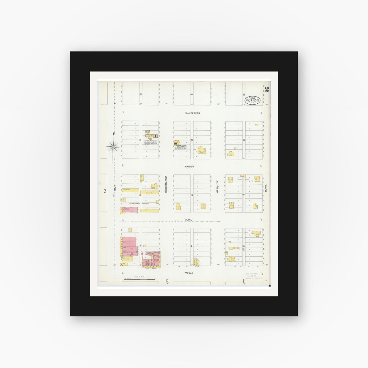 Old map wall art mockup — black gallery frame with white mat — Sanborn Fire Insurance Map from Vernon, Wilbarger County, Texas (1902), Sheet #0002