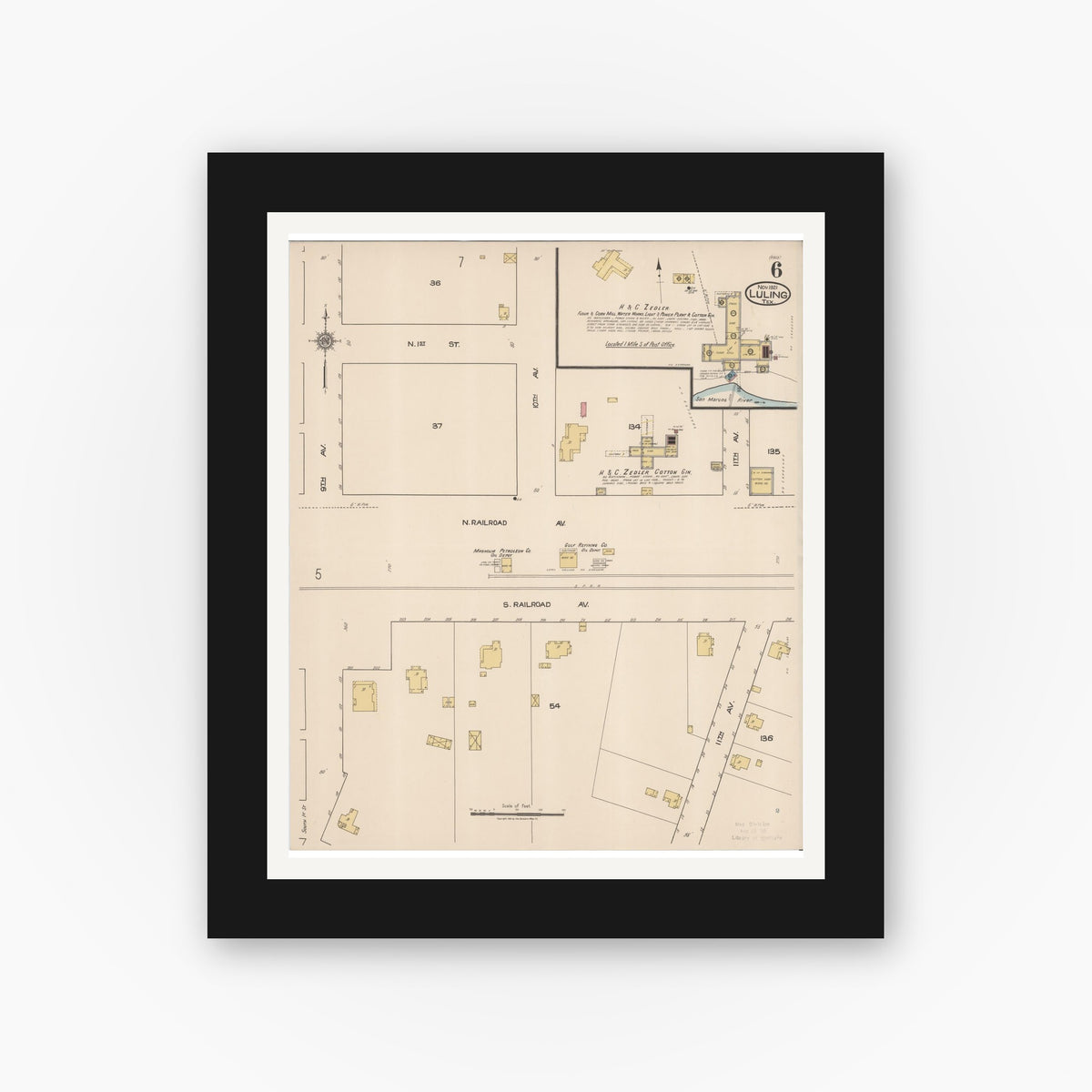 Old map wall art mockup — black gallery frame with white mat — Sanborn Fire Insurance Map from Luling, Caldwell County, Texas (1921), Sheet #0006