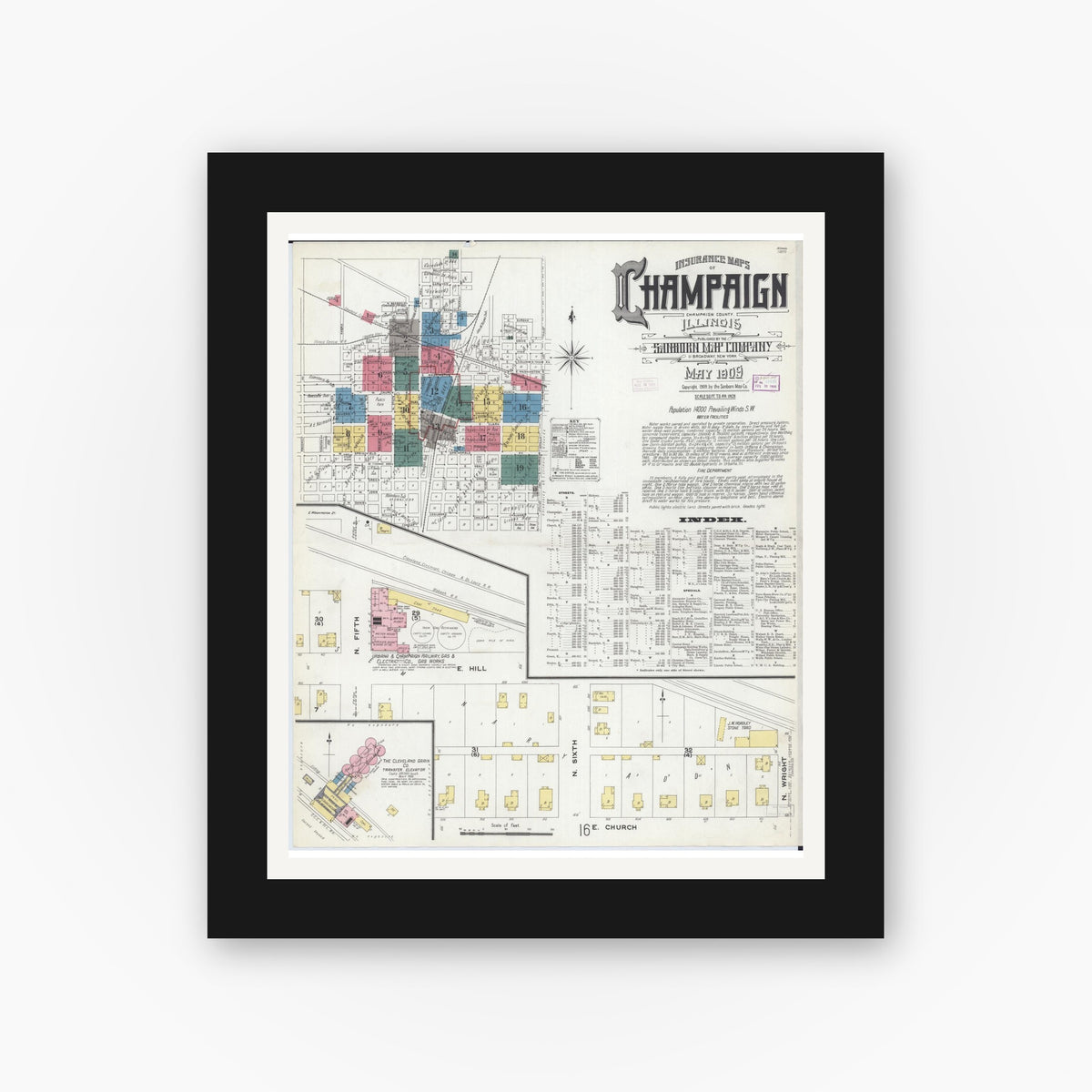 Old map wall art mockup — black gallery frame with white mat — Sanborn Fire Insurance Map from Champaign, Champaign County, Illinois (1909) - Complete Map Set