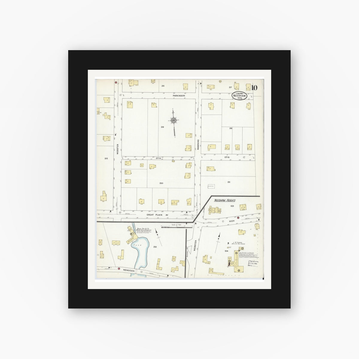 Old map wall art mockup — black gallery frame with white mat — Sanborn Fire Insurance Map from Needham, Norfolk County, Massachusetts (1912), Sheet #0010