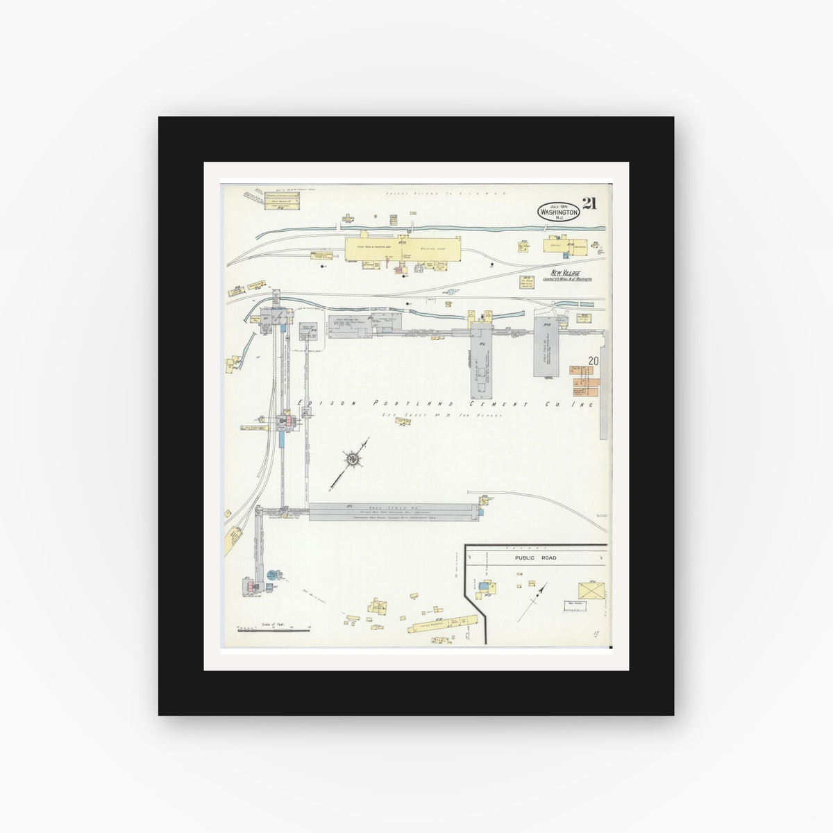 Old map wall art mockup — black gallery frame with white mat — Sanborn Fire Insurance Map from Washington, Warren County, New Jersey (1914), Sheet #0021