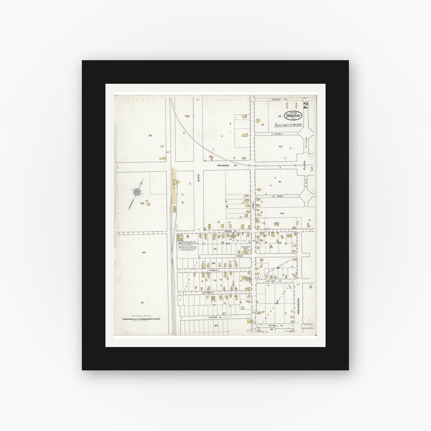 Old map wall art mockup — black gallery frame with white mat — Sanborn Fire Insurance Map from Ormond, Volusia County, Florida (1921), Sheet #0002