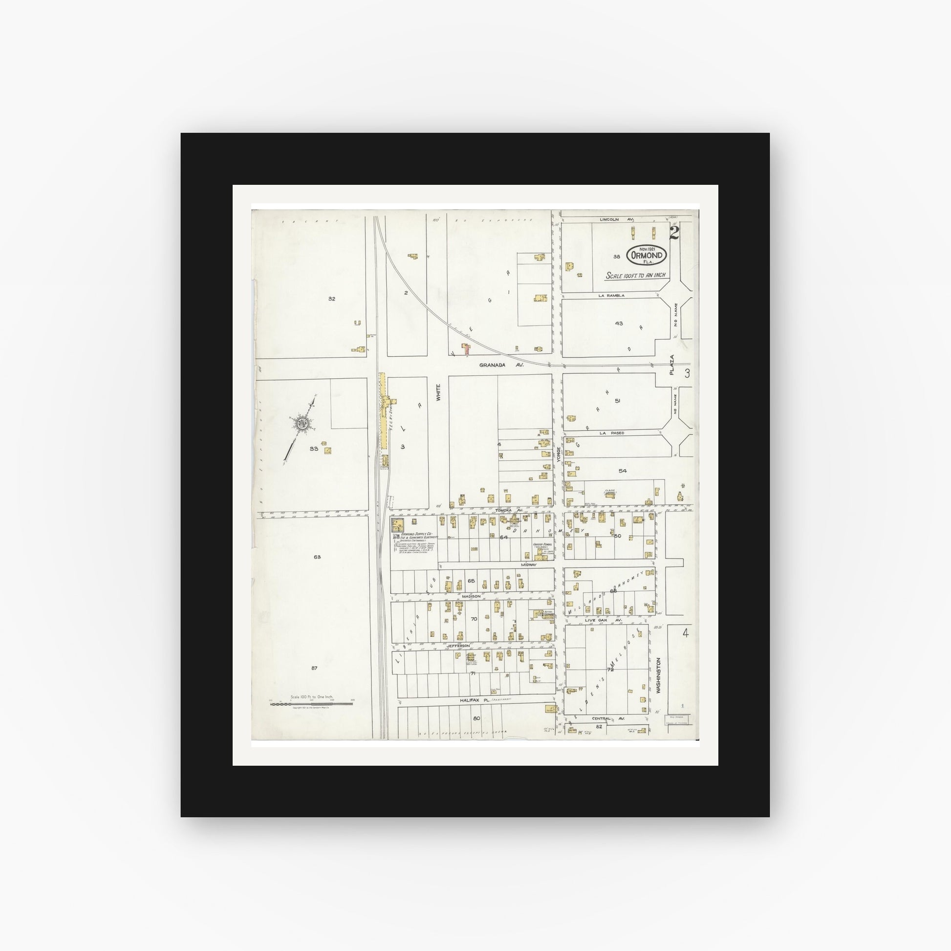 Old map wall art mockup — black gallery frame with white mat — Sanborn Fire Insurance Map from Ormond, Volusia County, Florida (1921), Sheet #0002