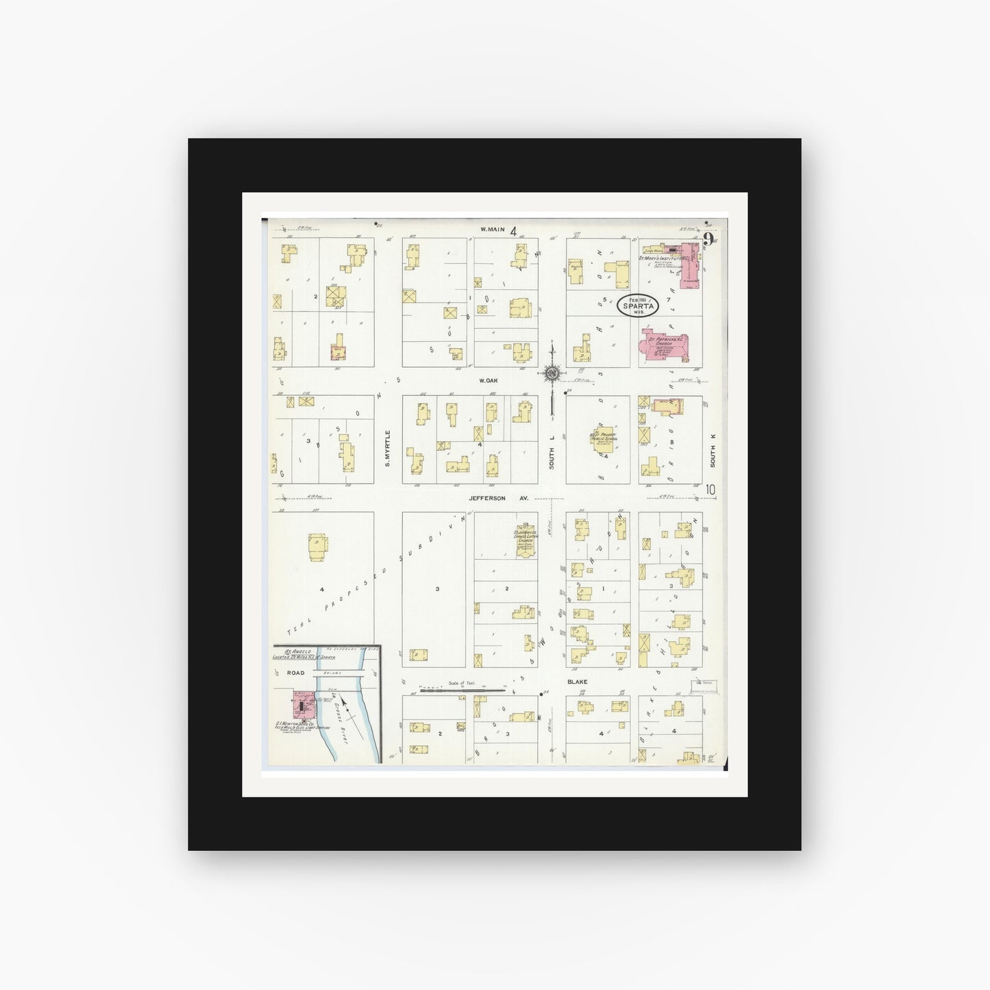 Old map wall art mockup — black gallery frame with white mat — Sanborn Fire Insurance Map from Sparta, Monroe County, Wisconsin (1911), Sheet #0009