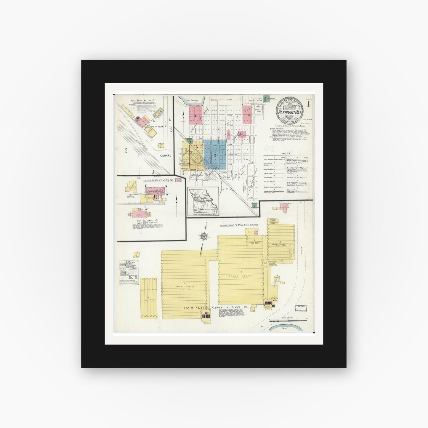 Old map wall art mockup — black gallery frame with white mat — Sanborn Fire Insurance Map from Pleasant Hill, Cass County, Missouri (1913) - Complete Map Set