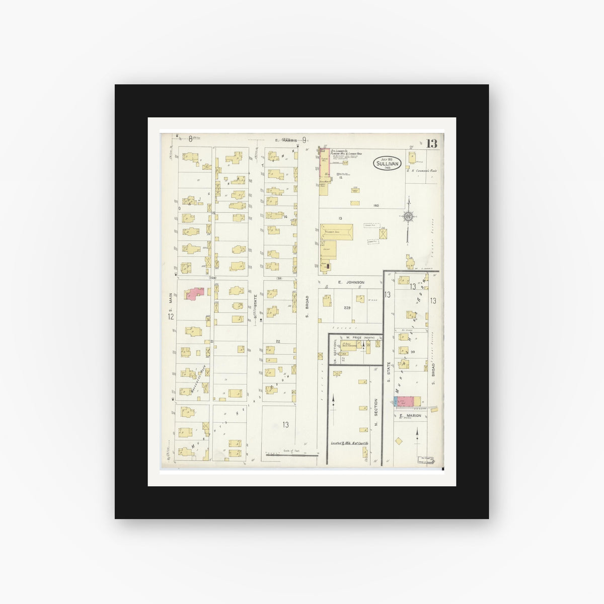 Old map wall art mockup — black gallery frame with white mat — Sanborn Fire Insurance Map from Sullivan, Sullivan County, Indiana (1913), Sheet #0013