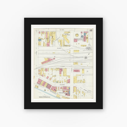 Old map wall art mockup — black gallery frame with white mat — Sanborn Fire Insurance Map from Madison, Dane County, Wisconsin (1902), Sheet #0012