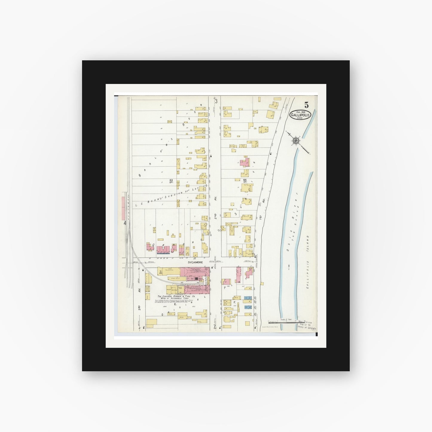 Old map wall art mockup — black gallery frame with white mat — Sanborn Fire Insurance Map from Gallipolis, Gallia County, Ohio (1916), Sheet #0005