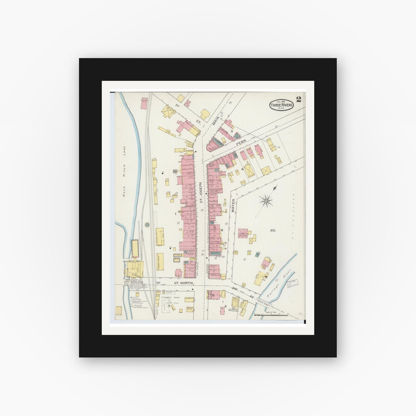 Old map wall art mockup — black gallery frame with white mat — Sanborn Fire Insurance Map from Three Rivers, Saint Joseph County, Michigan (1893), Sheet #0002