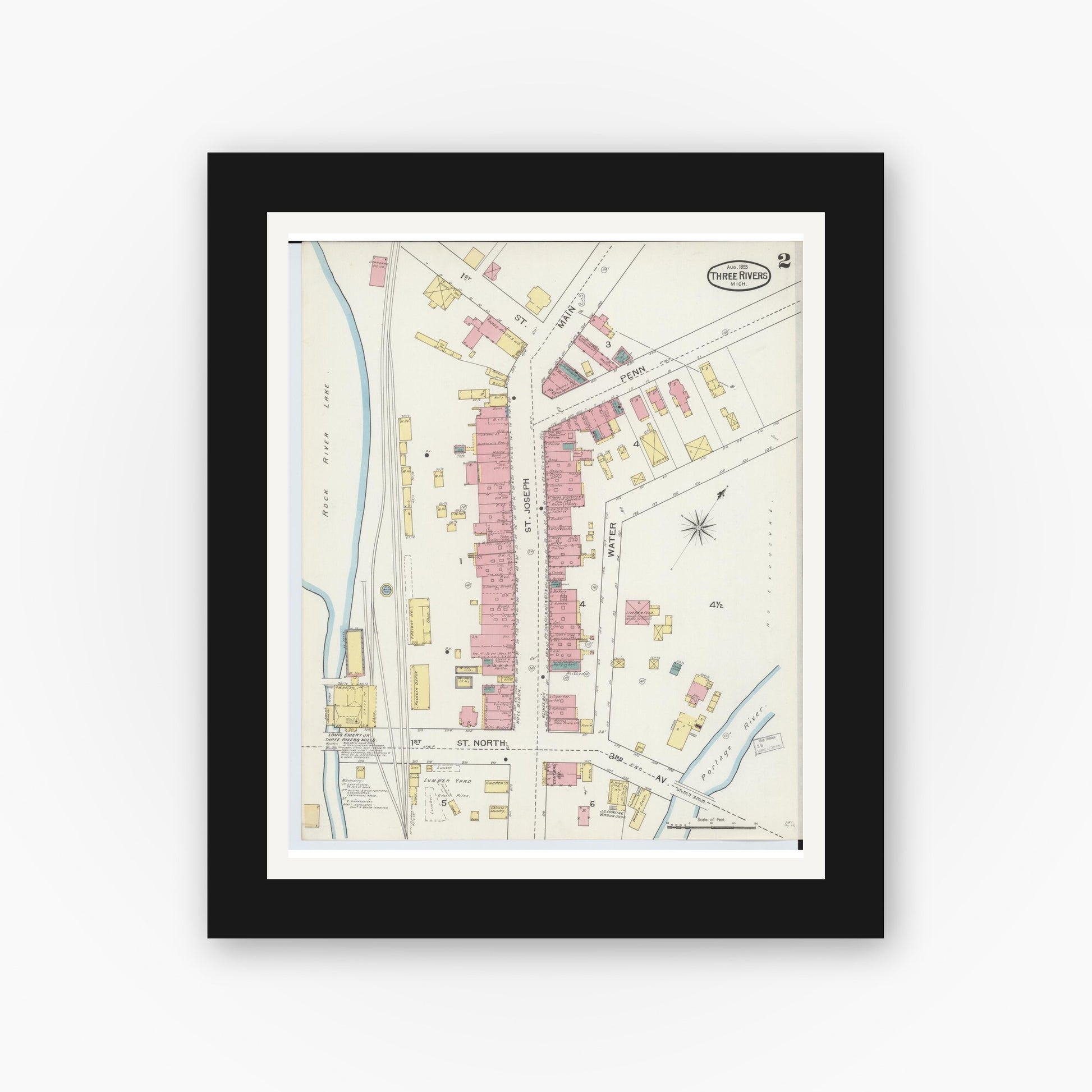 Old map wall art mockup — black gallery frame with white mat — Sanborn Fire Insurance Map from Three Rivers, Saint Joseph County, Michigan (1893), Sheet #0002