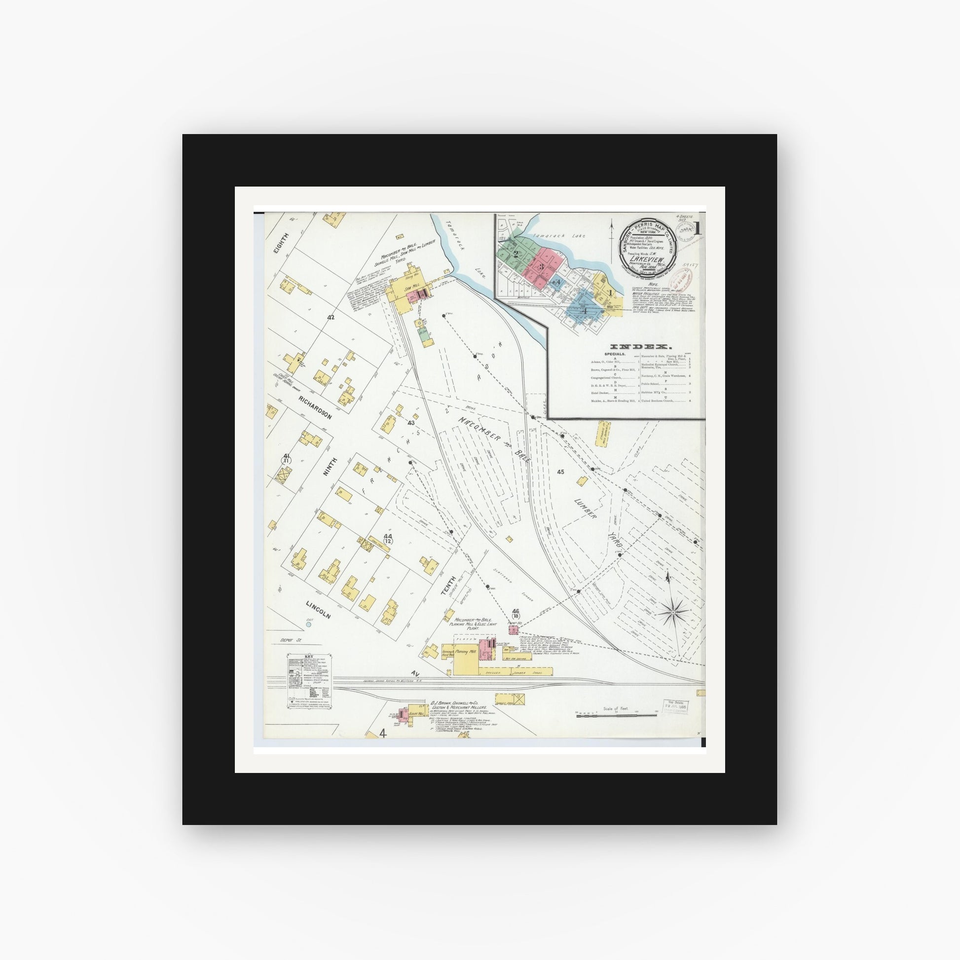 Old map wall art mockup — black gallery frame with white mat — Sanborn Fire Insurance Map from Lakeview, Montcalm County, Michigan (1899) - Complete Map Set
