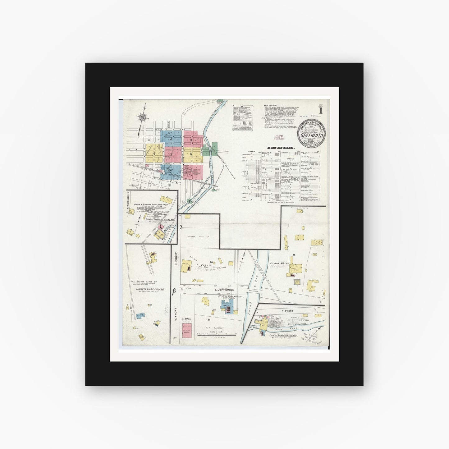 Old map wall art mockup — black gallery frame with white mat — Sanborn Fire Insurance Map from Greenfield, Highland County, Ohio (1910) - Complete Map Set