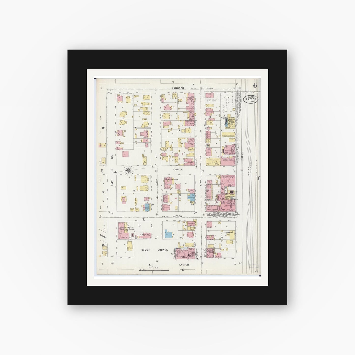 Old map wall art mockup — black gallery frame with white mat — Sanborn Fire Insurance Map from Alton, Madison County, Illinois (1897), Sheet #0006