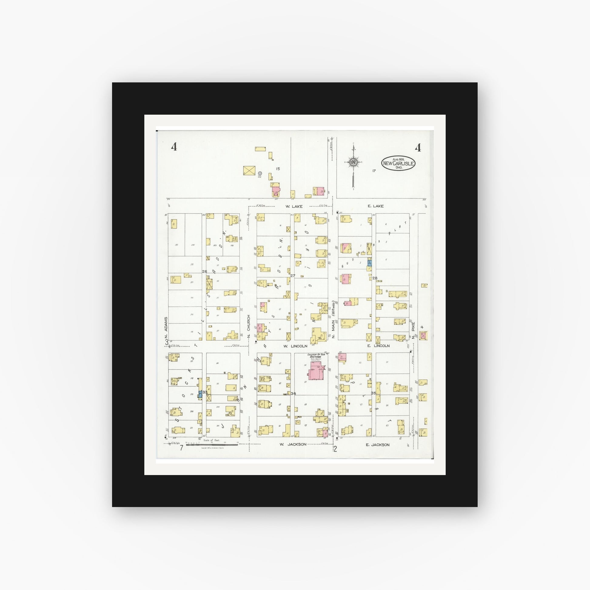 Old map wall art mockup — black gallery frame with white mat — Sanborn Fire Insurance Map from New Carlisle, Clarke County, Ohio (1926), Sheet #0004