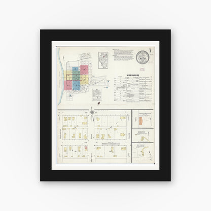 Old map wall art mockup — black gallery frame with white mat — Sanborn Fire Insurance Map from Lacon, Marshall County, Illinois (1913), Sheet #0001