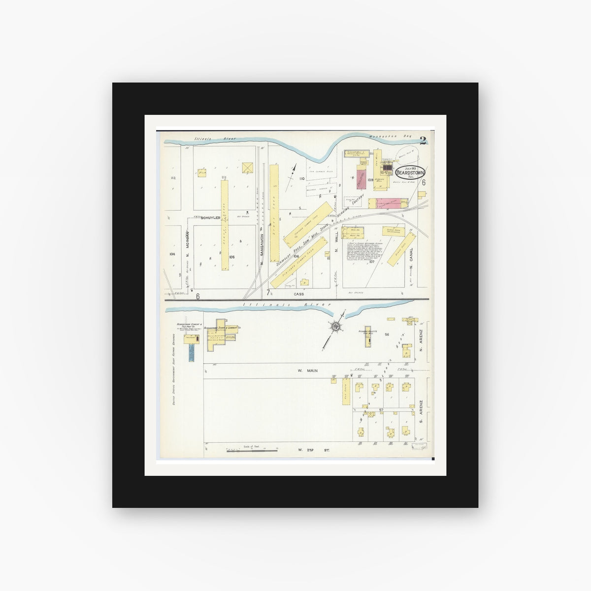 Old map wall art mockup — black gallery frame with white mat — Sanborn Fire Insurance Map from Beardstown, Cass County, Illinois (1913), Sheet #0002