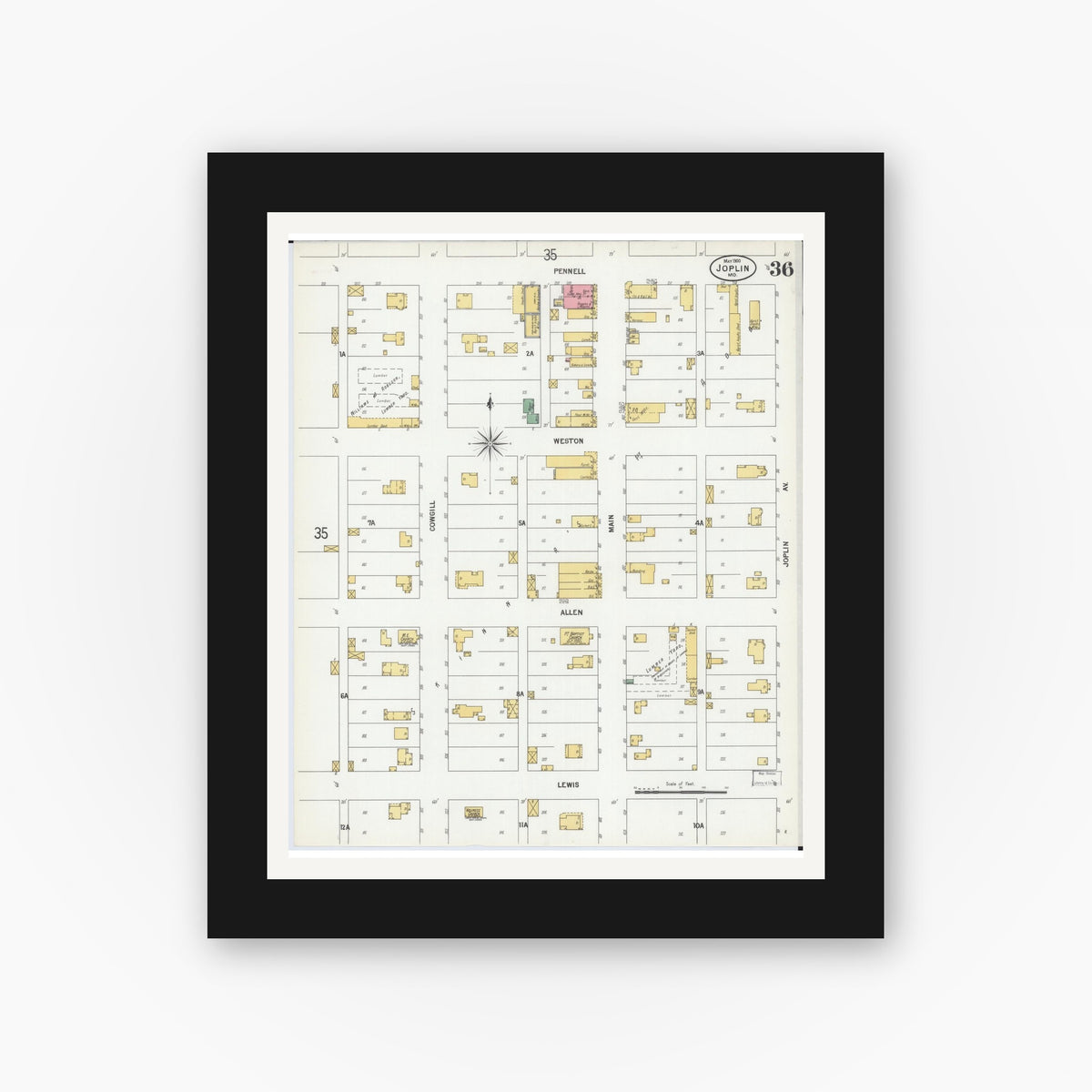 Old map wall art mockup — black gallery frame with white mat — Sanborn Fire Insurance Map from Joplin, Jasper County, Missouri (1900), Sheet #0036
