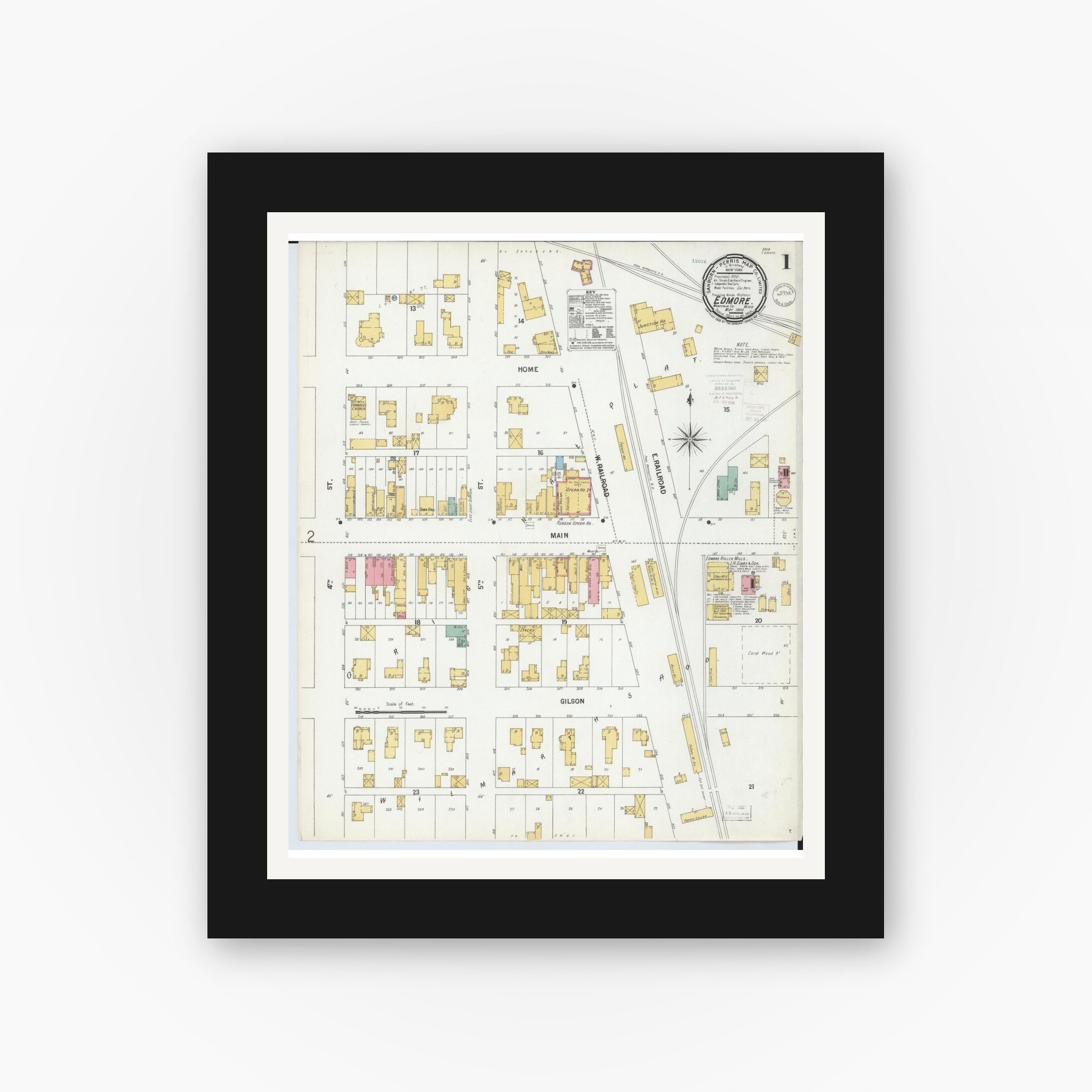 Old map wall art mockup — black gallery frame with white mat — Sanborn Fire Insurance Map from Edmore, Montcalm County, Michigan (1900), Sheet #0001