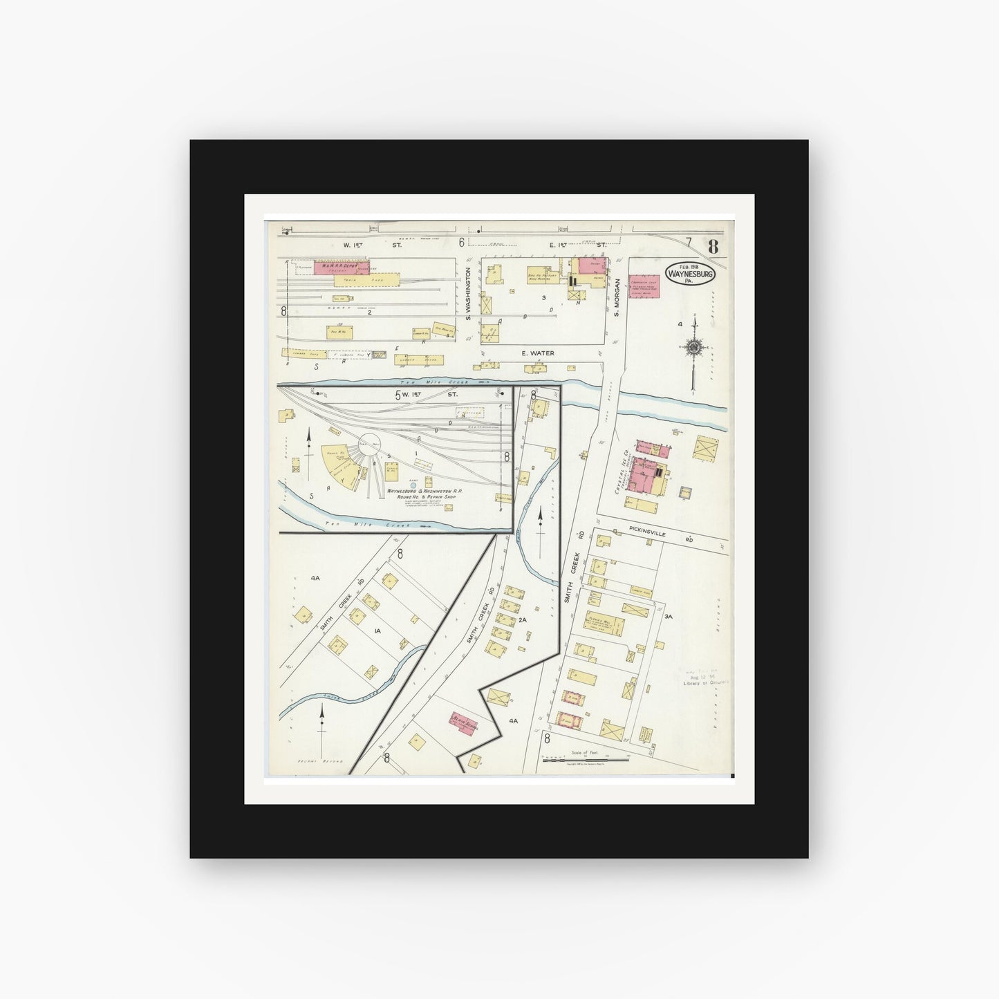 Old map wall art mockup — black gallery frame with white mat — Sanborn Fire Insurance Map from Waynesburg, Greene County, Pennsylvania (1918), Sheet #0008