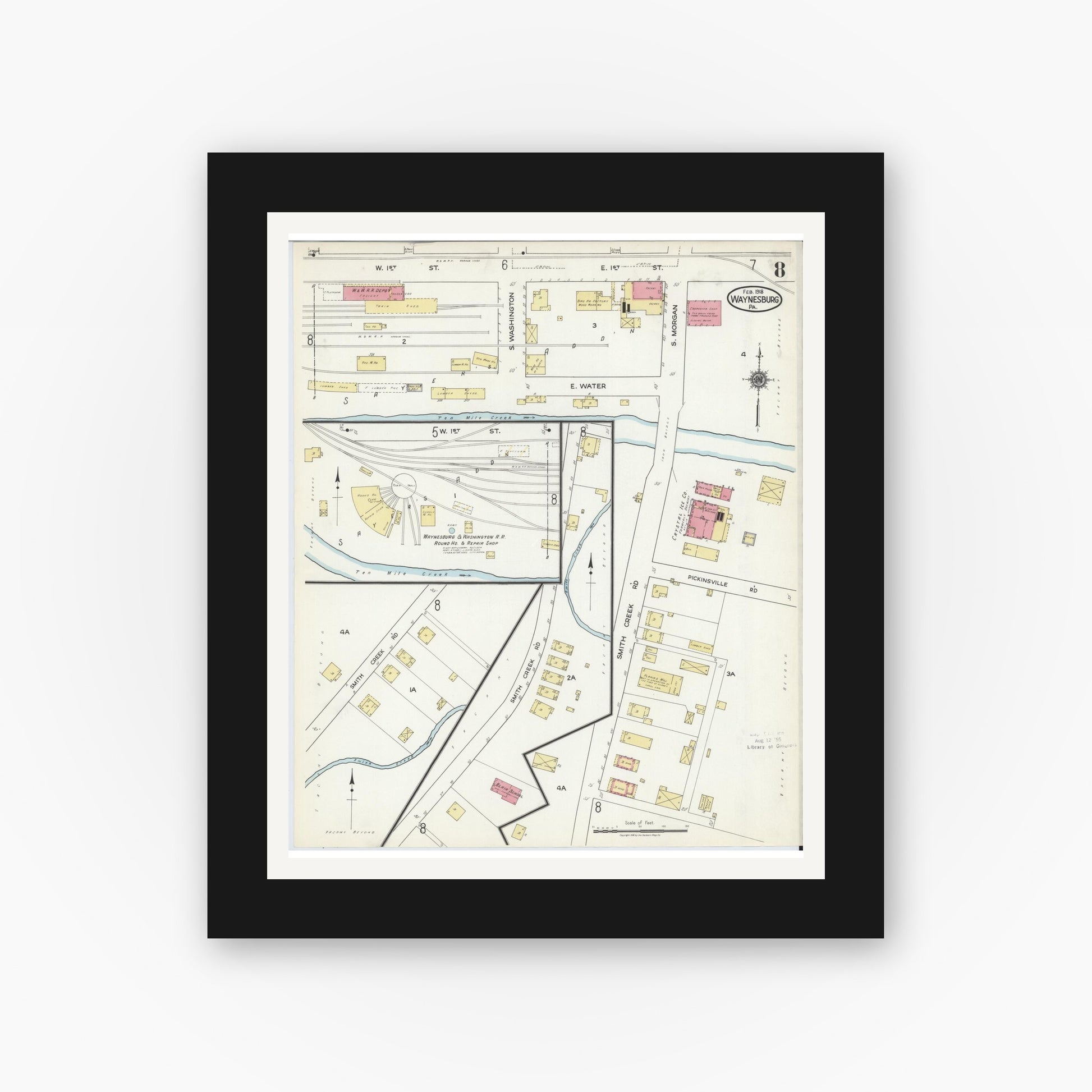 Old map wall art mockup — black gallery frame with white mat — Sanborn Fire Insurance Map from Waynesburg, Greene County, Pennsylvania (1918), Sheet #0008