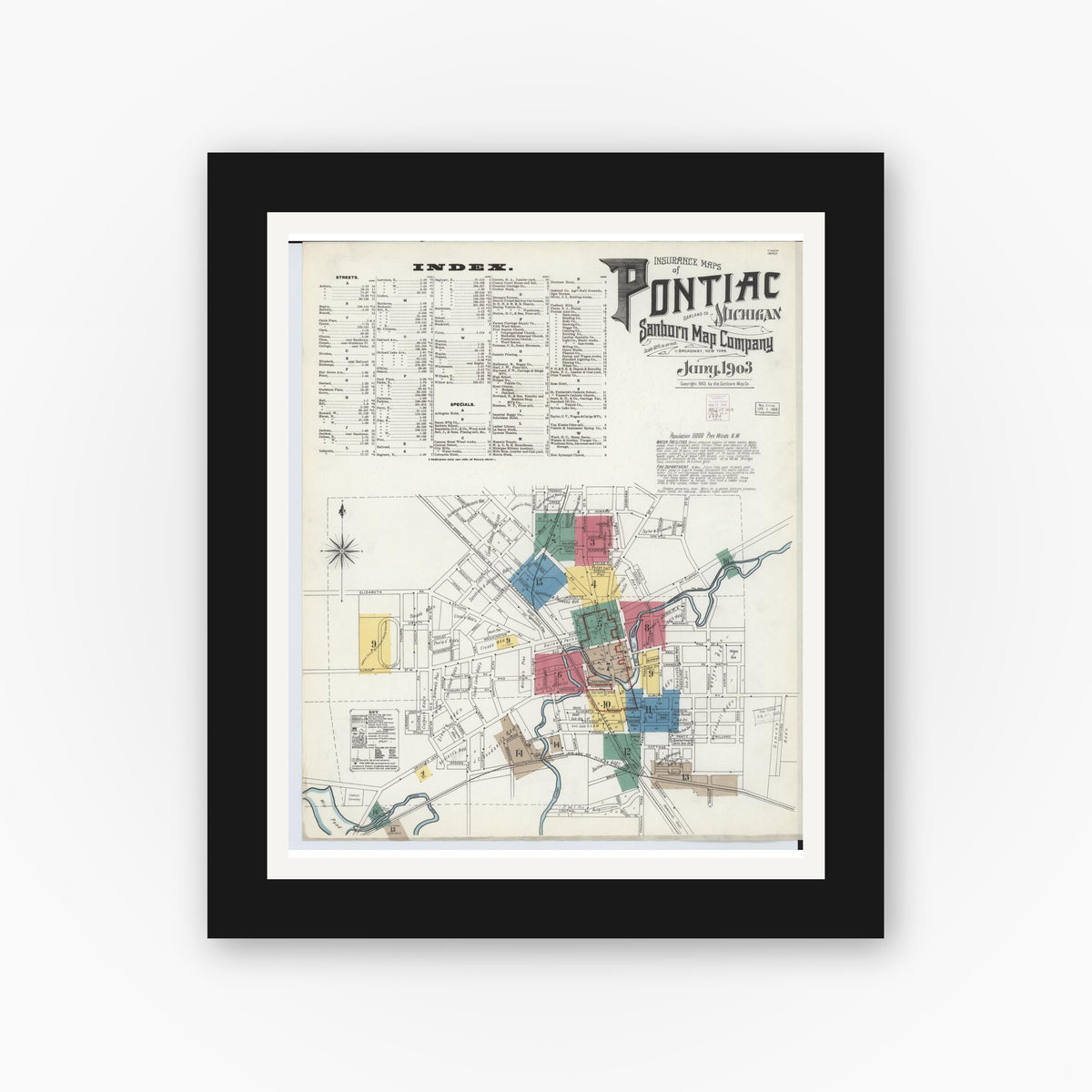 Old map wall art mockup — black gallery frame with white mat — Sanborn Fire Insurance Map from Pontiac, Oakland County, Michigan (1903), Sheet #0001