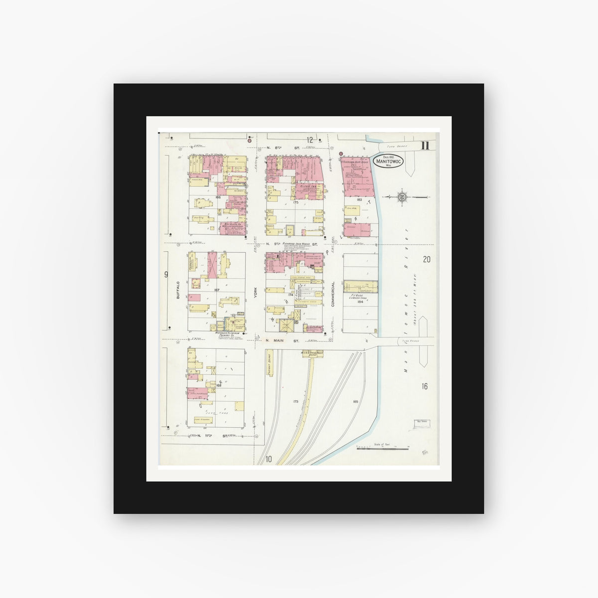 Old map wall art mockup — black gallery frame with white mat — Sanborn Fire Insurance Map from Manitowoc, Manitowoc County, Wisconsin (1912), Sheet #0011