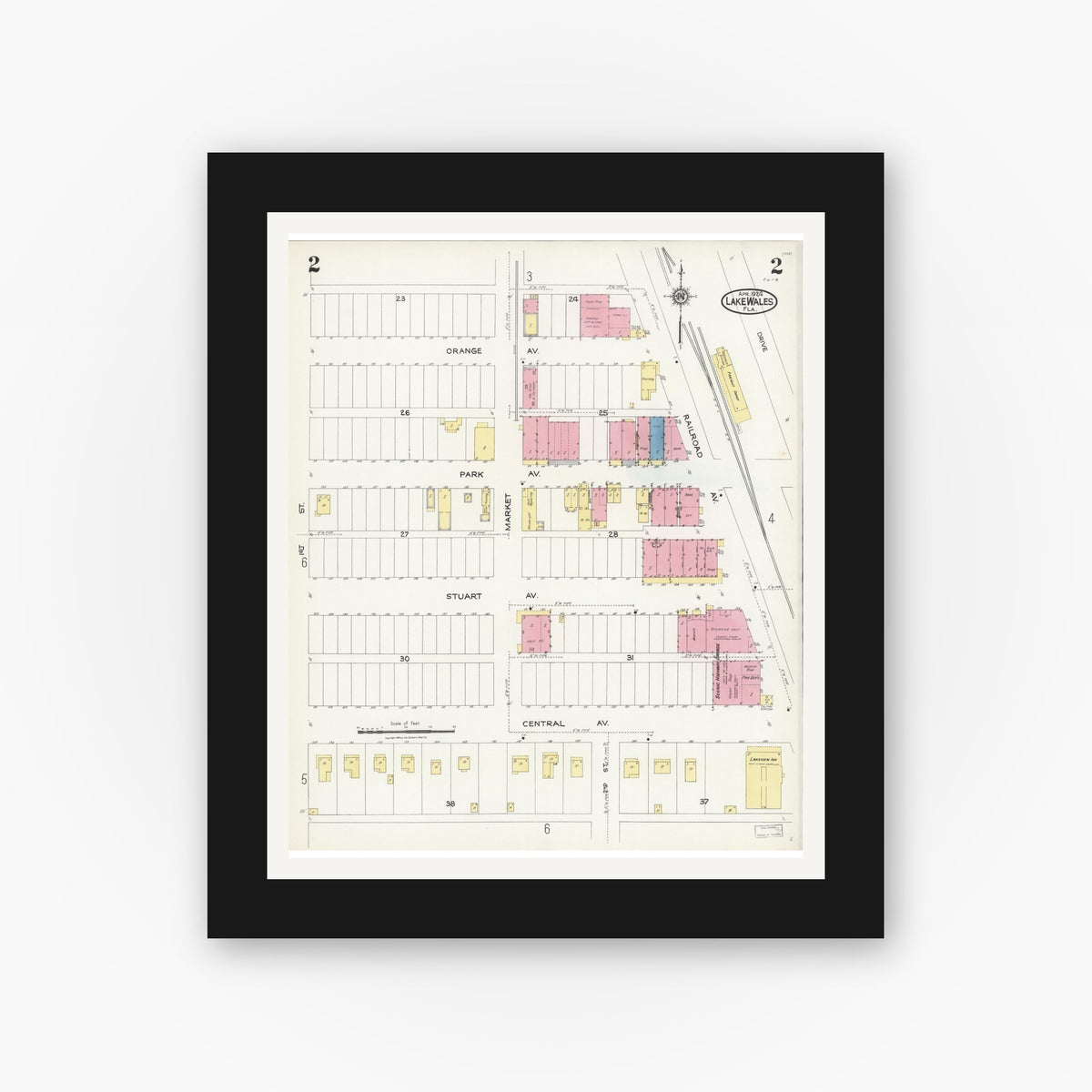 Old map wall art mockup — black gallery frame with white mat — Sanborn Fire Insurance Map from Lake Wales, Polk County, Florida (1924), Sheet #0002