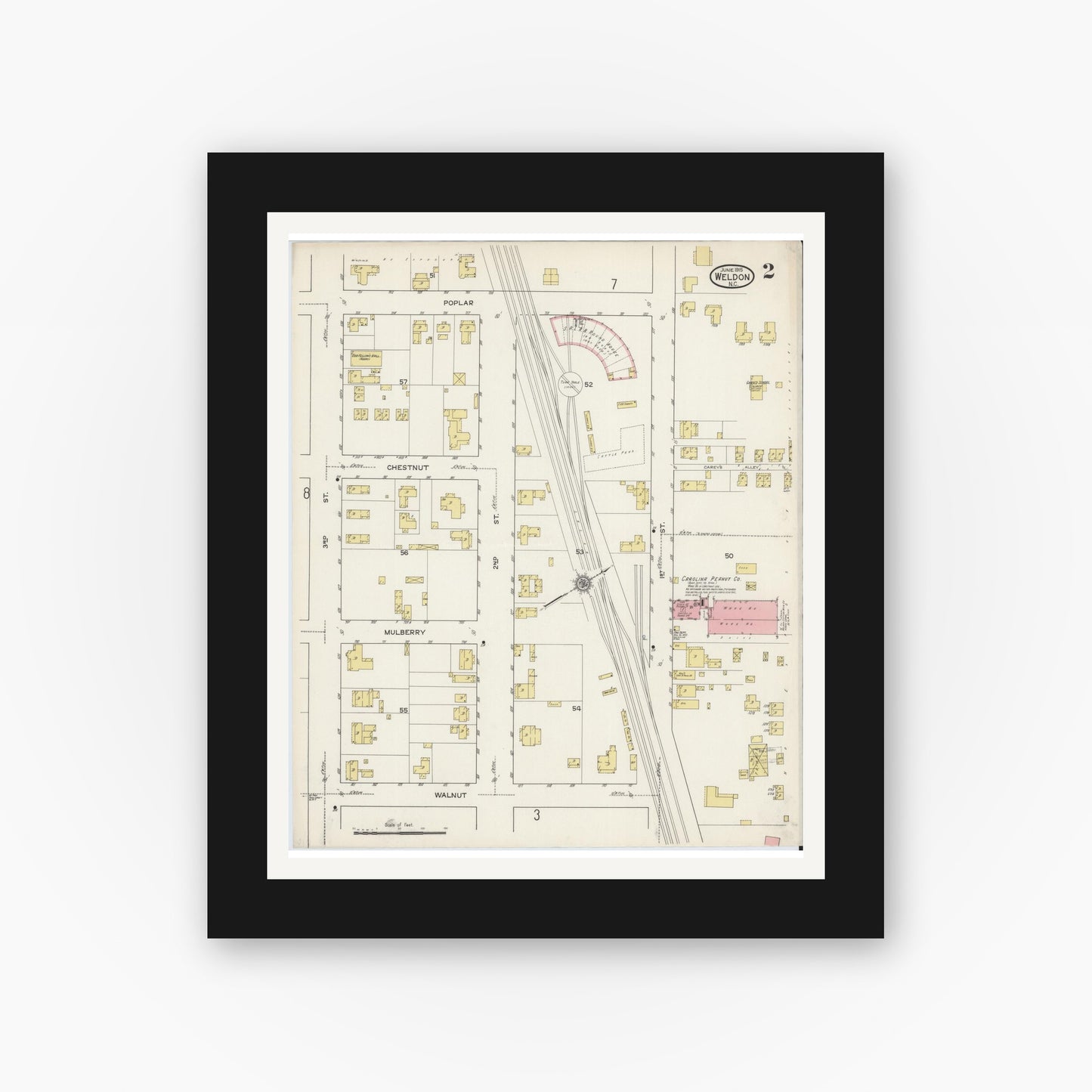 Old map wall art mockup — black gallery frame with white mat — Sanborn Fire Insurance Map from Weldon, Halifax County, North Carolina (1915), Sheet #0002