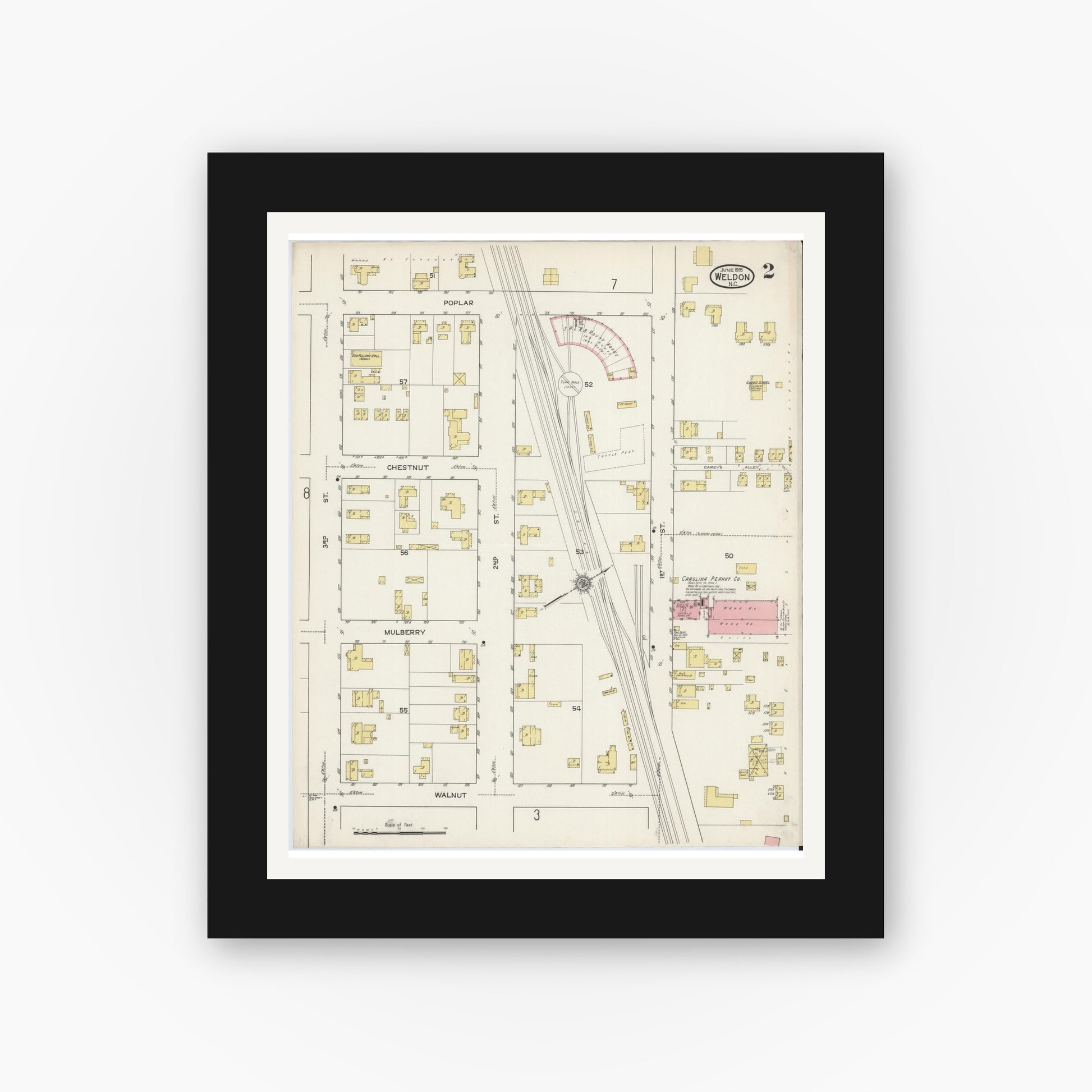 Old map wall art mockup — black gallery frame with white mat — Sanborn Fire Insurance Map from Weldon, Halifax County, North Carolina (1915), Sheet #0002