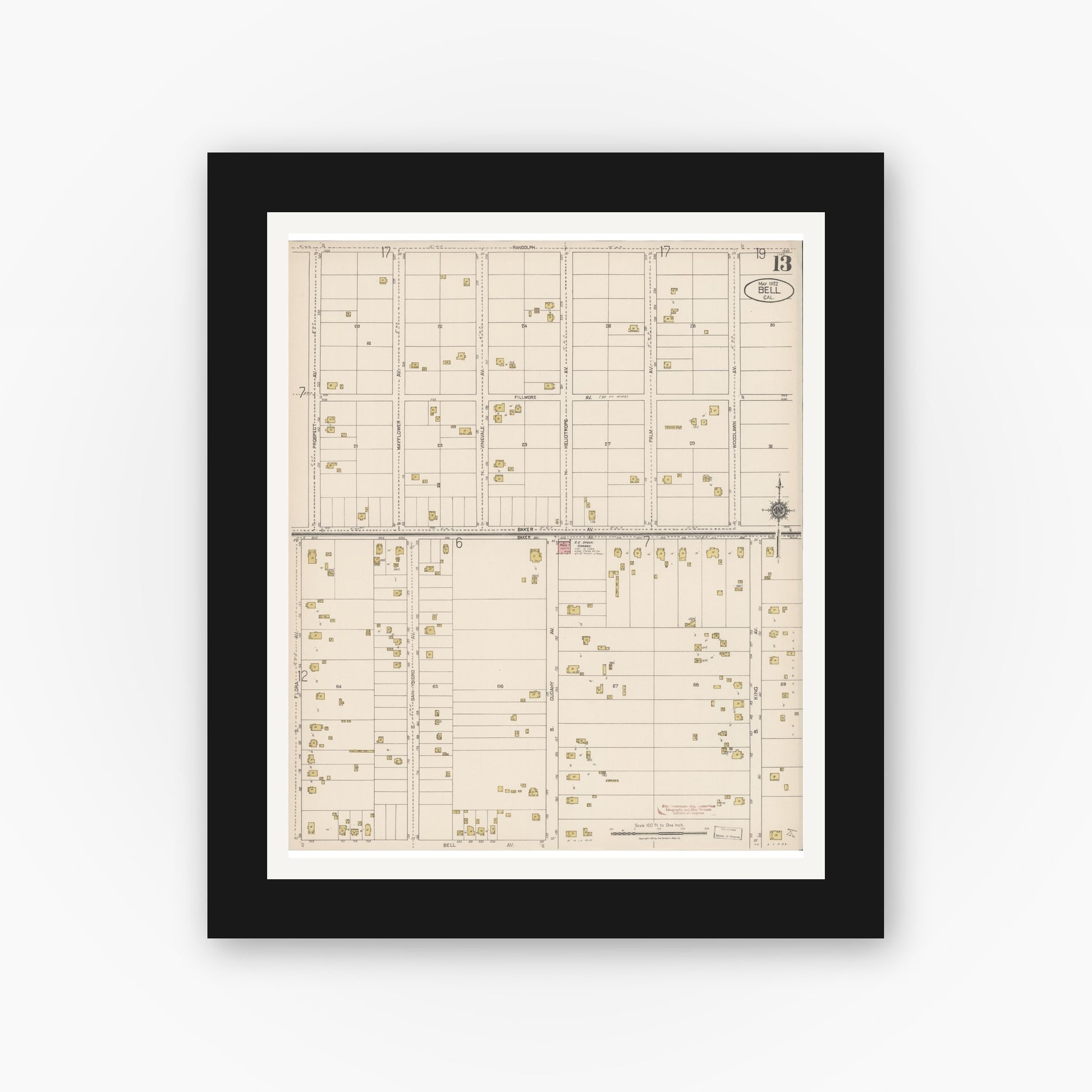Old map wall art mockup — black gallery frame with white mat — Sanborn Fire Insurance Map from Bell, Los Angeles County, California (1922), Sheet #0013