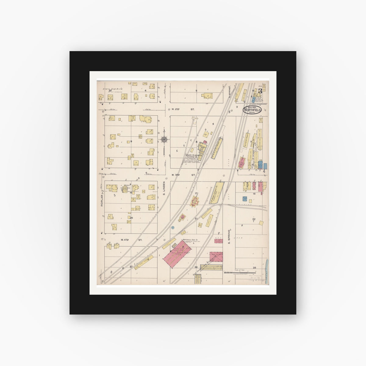 Old map wall art mockup — black gallery frame with white mat — Sanborn Fire Insurance Map from Northfield, Rice County, Minnesota (1922), Sheet #0003