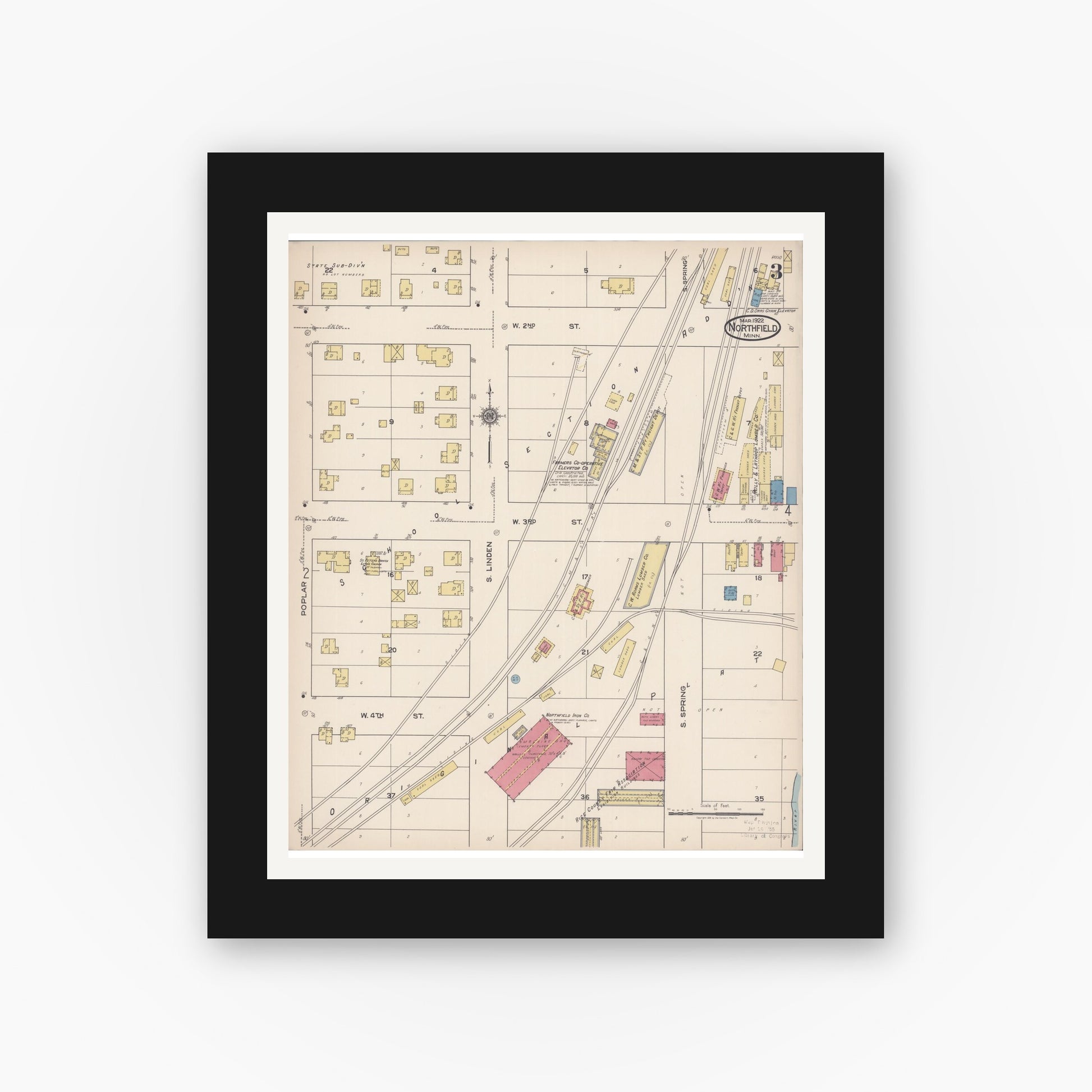 Old map wall art mockup — black gallery frame with white mat — Sanborn Fire Insurance Map from Northfield, Rice County, Minnesota (1922), Sheet #0003