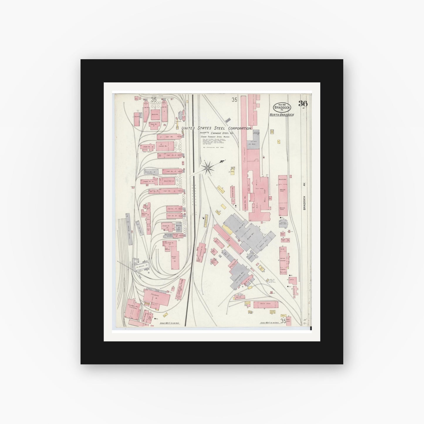 Old map wall art mockup — black gallery frame with white mat — Sanborn Fire Insurance Map from Braddock, Allegheny County, Pennsylvania (1908), Sheet #0036