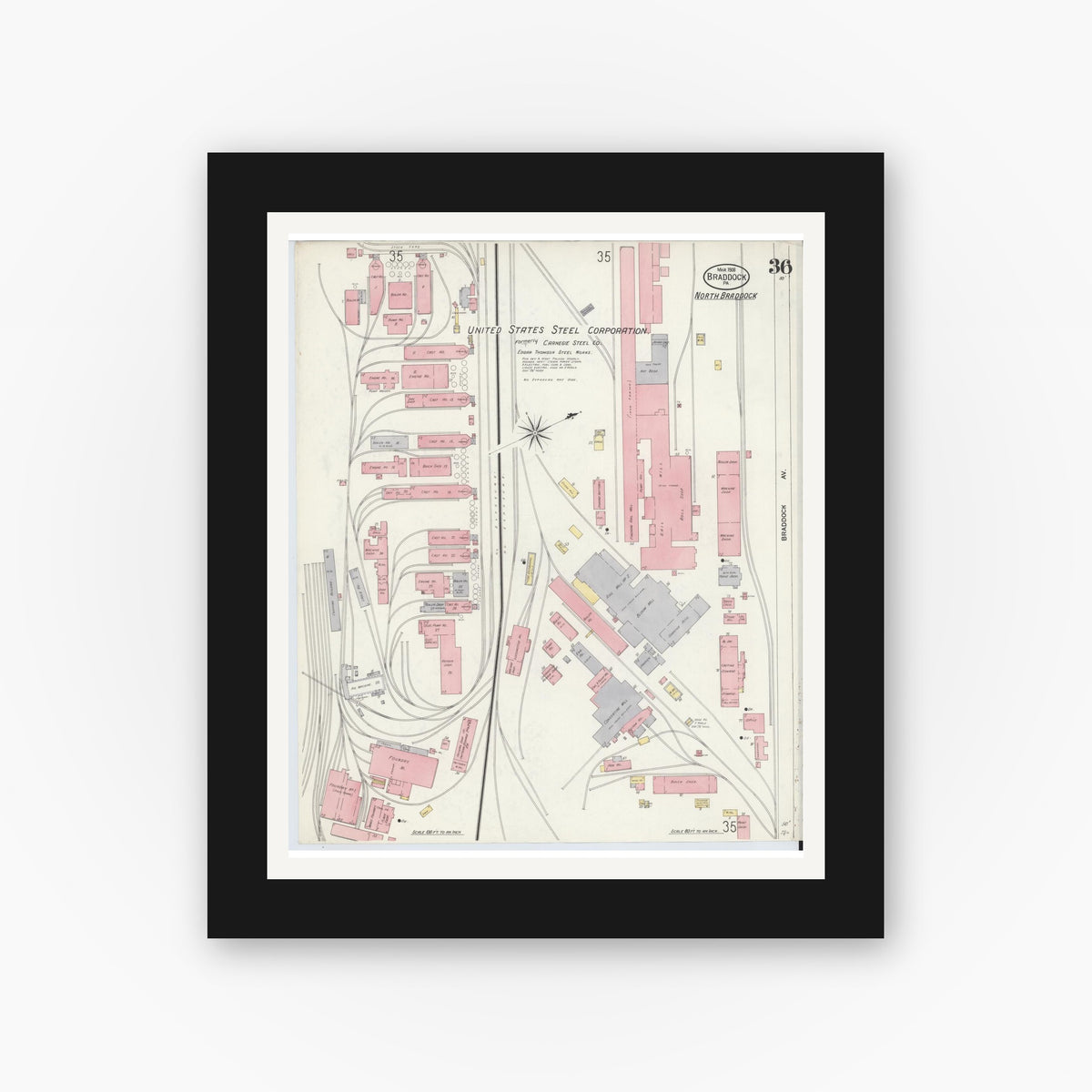 Old map wall art mockup — black gallery frame with white mat — Sanborn Fire Insurance Map from Braddock, Allegheny County, Pennsylvania (1908), Sheet #0036