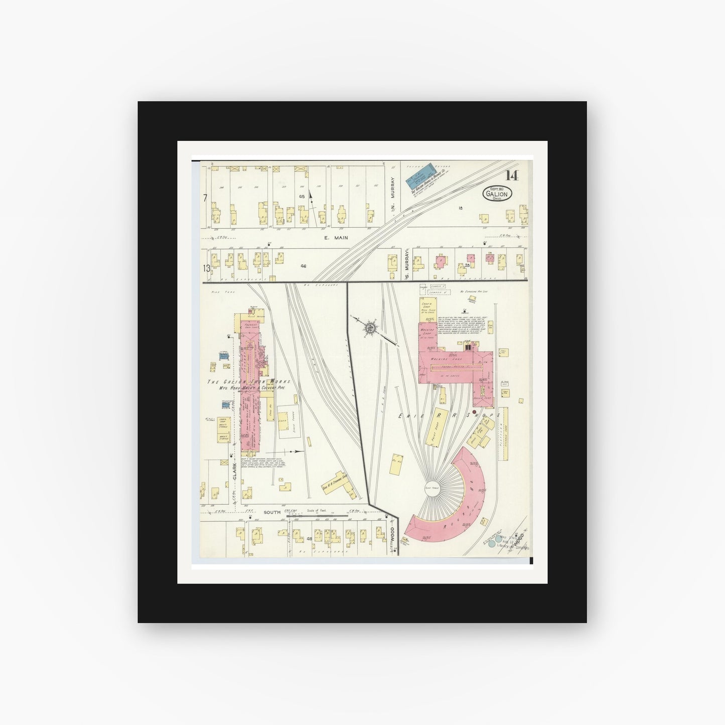 Old map wall art mockup — black gallery frame with white mat — Sanborn Fire Insurance Map from Galion, Crawford County, Ohio (1913), Sheet #0014