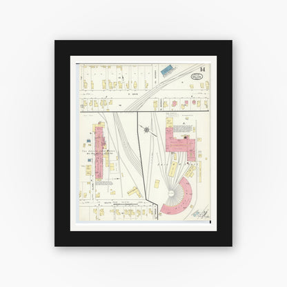 Old map wall art mockup — black gallery frame with white mat — Sanborn Fire Insurance Map from Galion, Crawford County, Ohio (1913), Sheet #0014