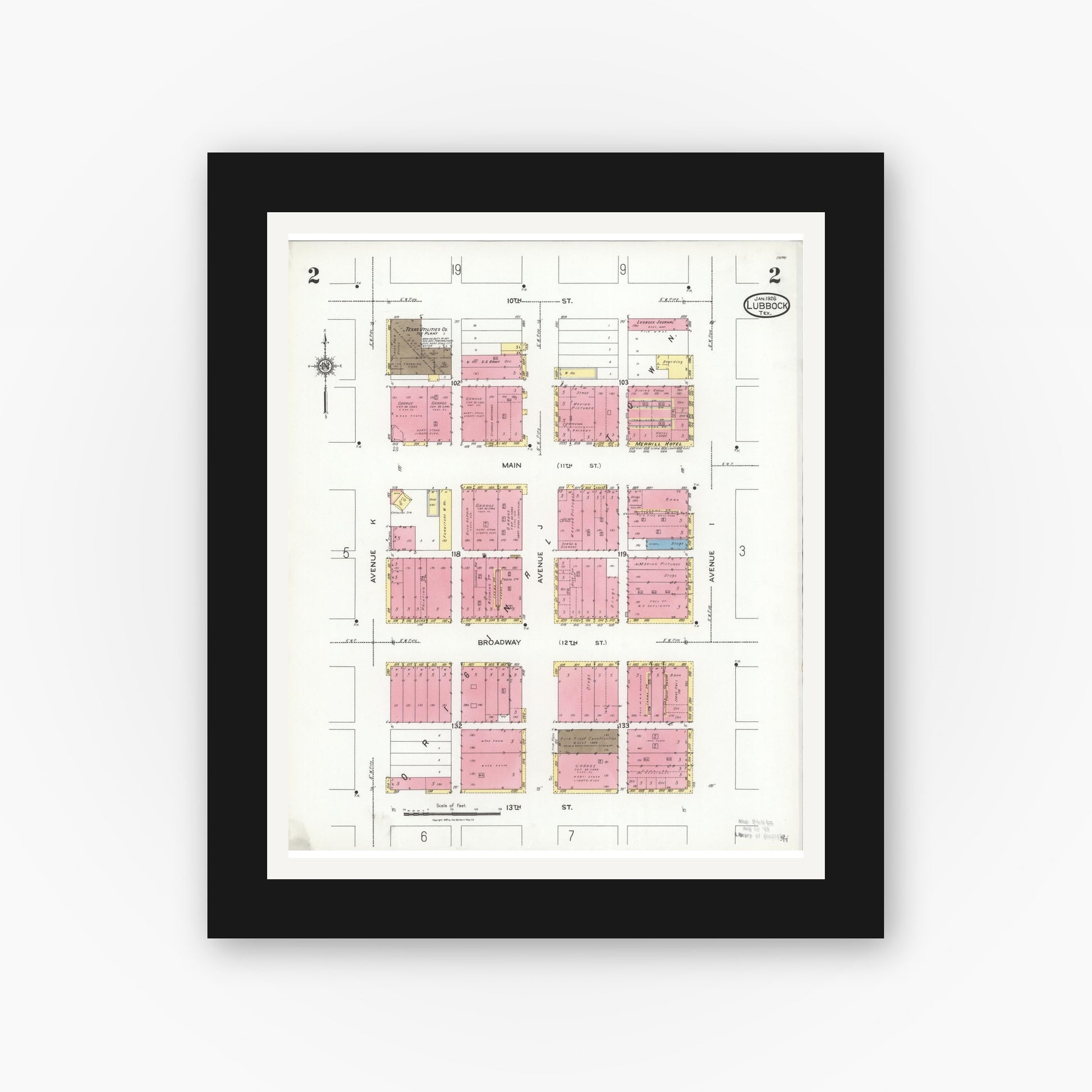 Old map wall art mockup — black gallery frame with white mat — Sanborn Fire Insurance Map from Lubbock, Lubbock County, Texas (1926), Sheet #0002