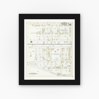 Old map wall art mockup — black gallery frame with white mat — Sanborn Fire Insurance Map from Rocky Mount, Edgecombe And Nash Counties, North Carolina (1917), Sheet #0024