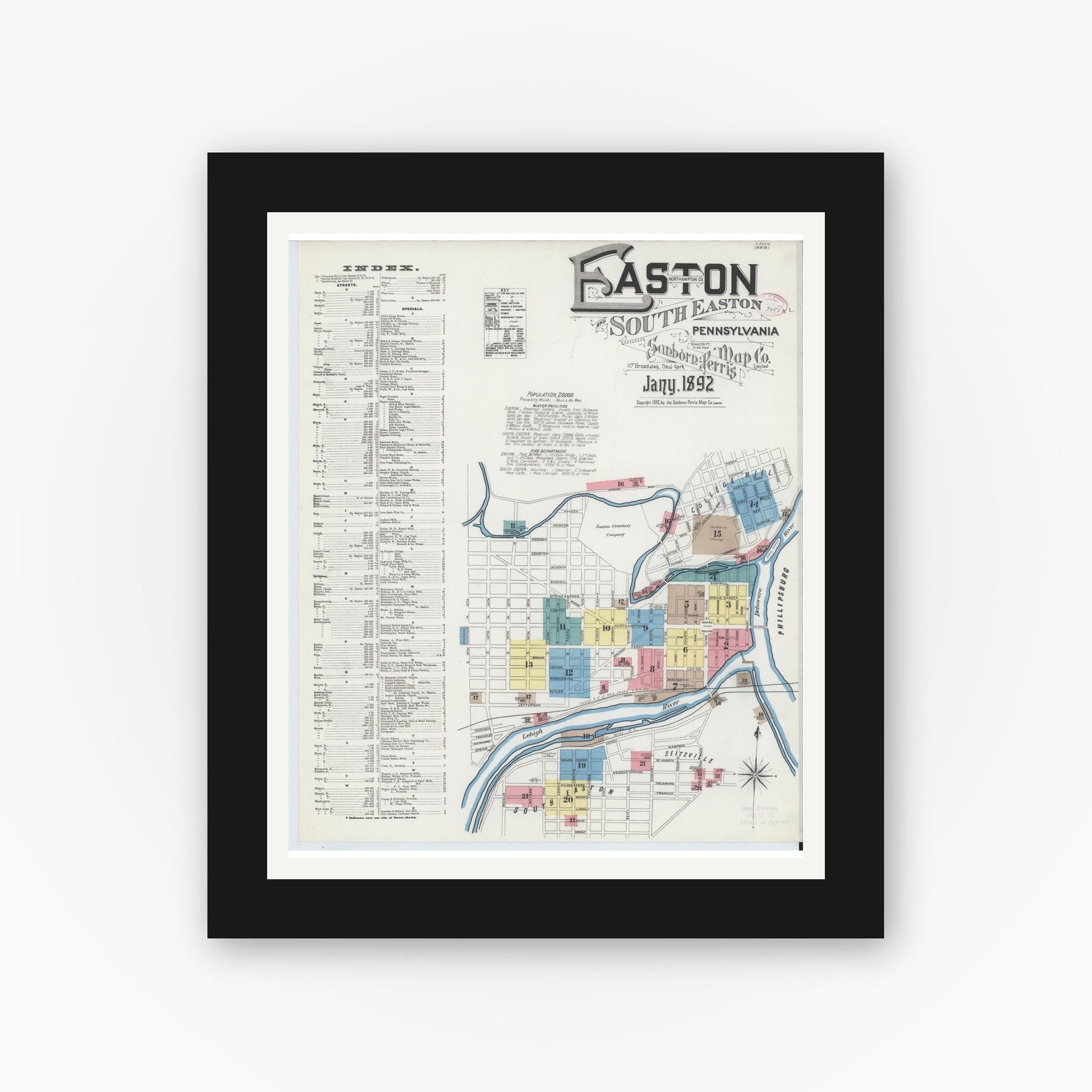 Old map wall art mockup — black gallery frame with white mat — Sanborn Fire Insurance Map from Easton, Northampton County, Pennsylvania (1892), Sheet #0001
