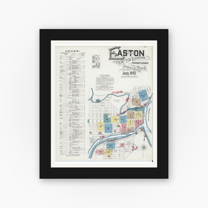 Old map wall art mockup — black gallery frame with white mat — Sanborn Fire Insurance Map from Easton, Northampton County, Pennsylvania (1892), Sheet #0001