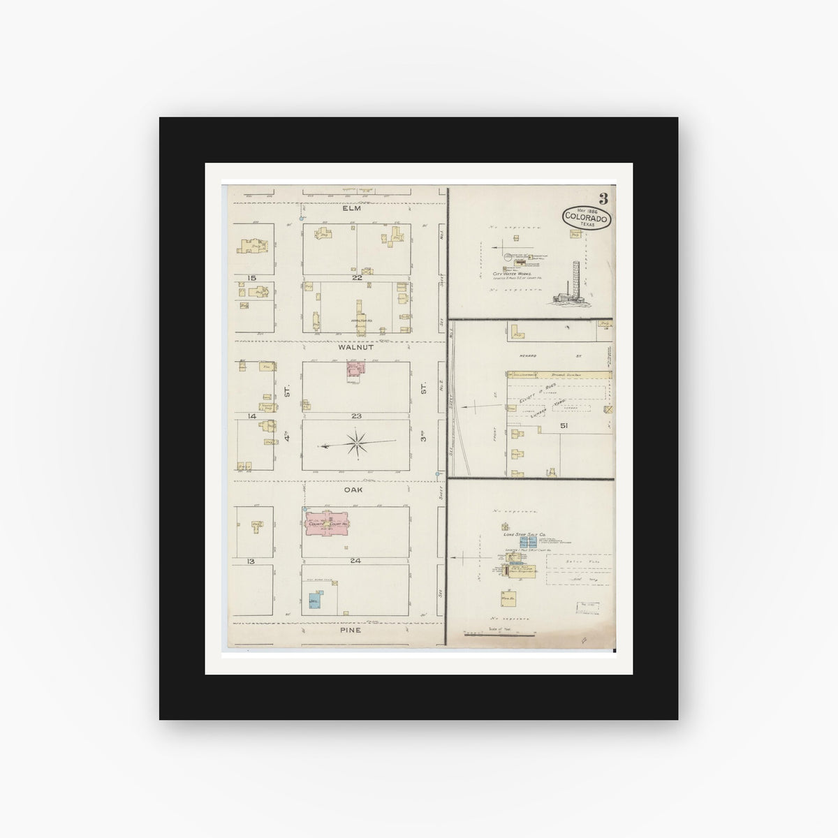 Old map wall art mockup — black gallery frame with white mat — Sanborn Fire Insurance Map from Colorado, Mitchell County, Texas (1886), Sheet #0003